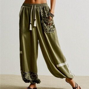 Boho Olive Green Embroidered Wide-Leg Pants Lace Detail Drawstring Harem Pants